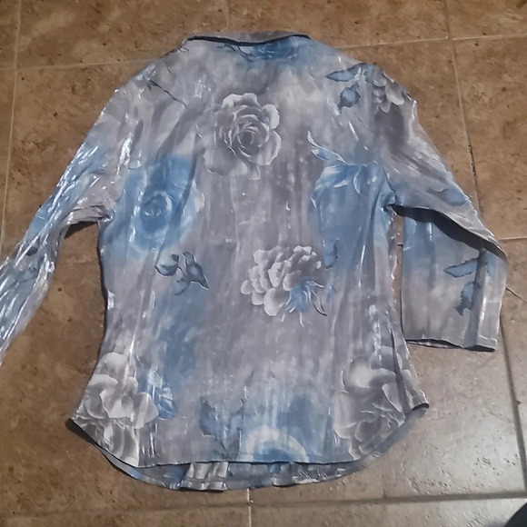VINTAGE WANKO blue Grey shimmering floral button up 3/4 sleeve top blouse 36 - Picture 3 of 5